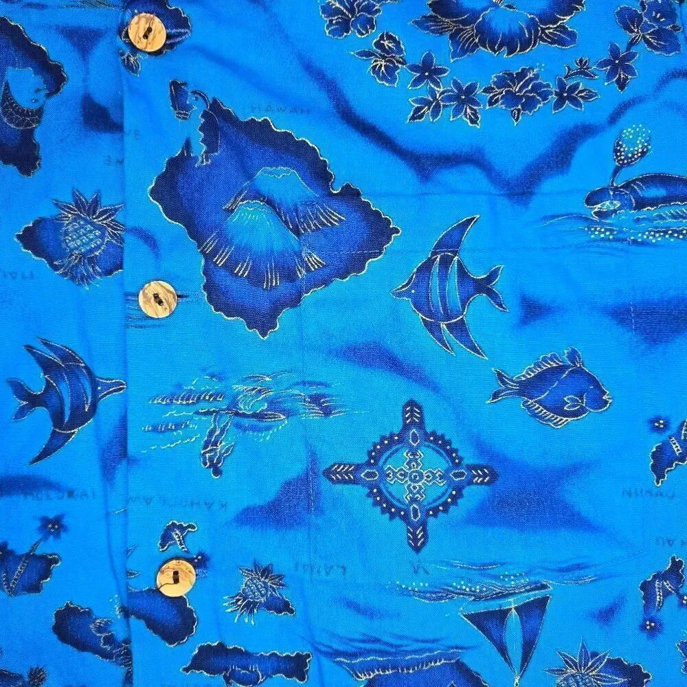 VINTAGE UI-MAIKAI COTTON HAWAIIAN SHIRT BLUE GOLD ISLANDS MENS SIZE MEDIUM